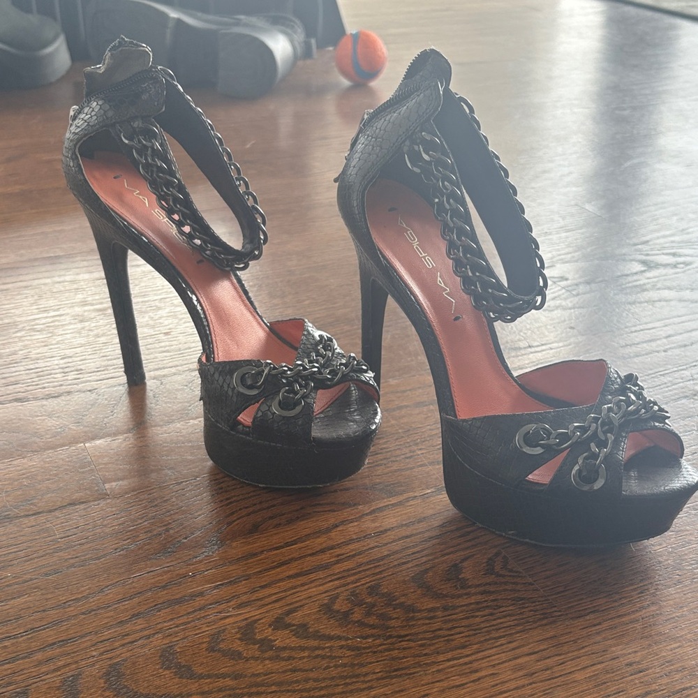 Via Spiga Black Chain Embellished Heels